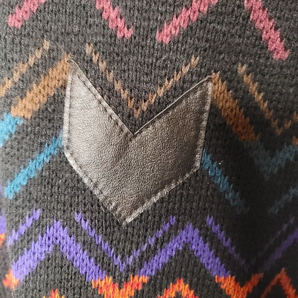 VTG WEEDS Men's Multicolor Zig-Zag Pattern Knit Grandpa Sweater Leather Trim L - Picture 4 of 9